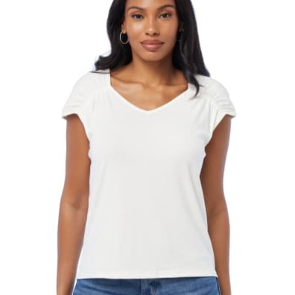 Cooper & Ella - Ruched Shoulder Solid Top in White/Ivory Size: M (6-8)